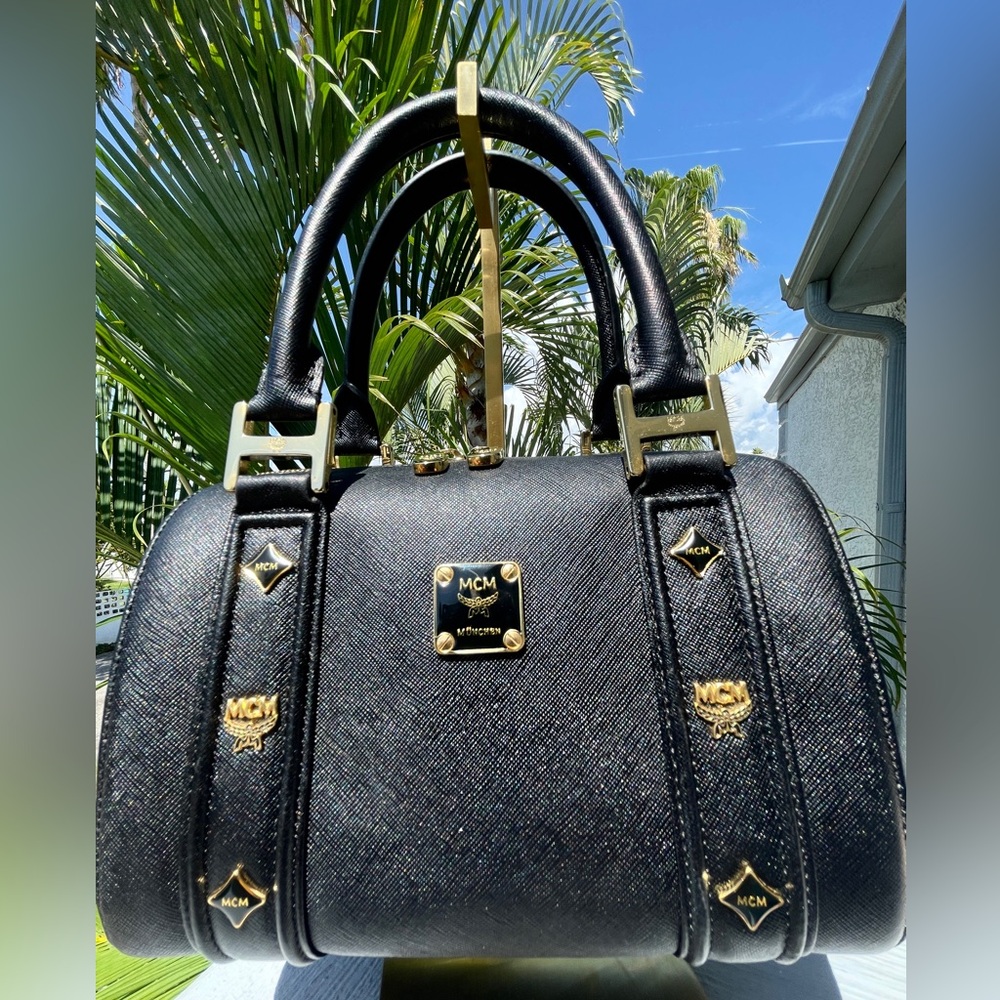 MCM Mini Boston Bag Leather Likd NEW Black w/ Gold logo accents